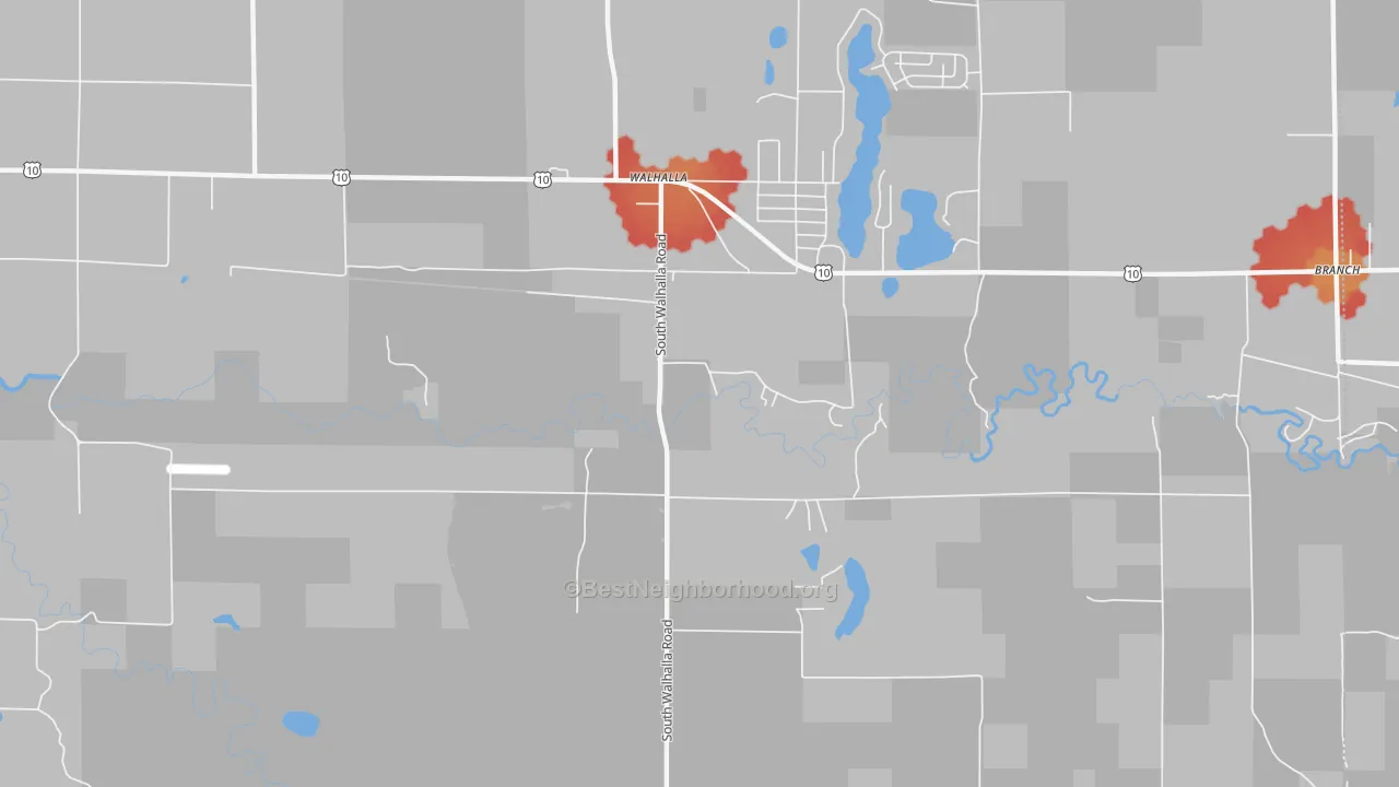 Walk Grade map of 49458, MI, walkable areas in green and car-dependent areas in red