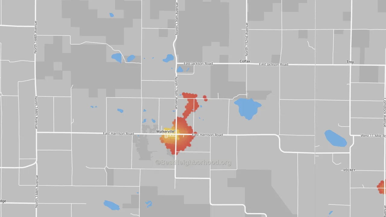 Walk Grade map of 49459, MI, walkable areas in green and car-dependent areas in red