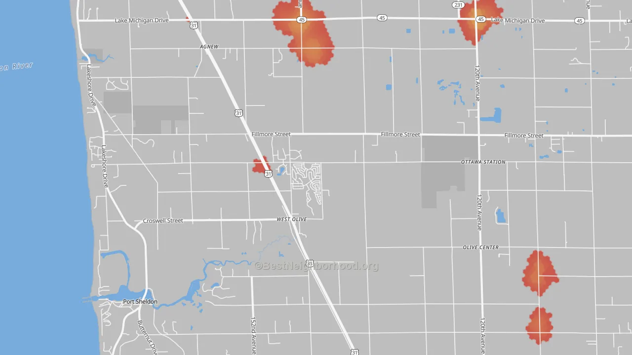 Walk Grade map of 49460, MI, walkable areas in green and car-dependent areas in red
