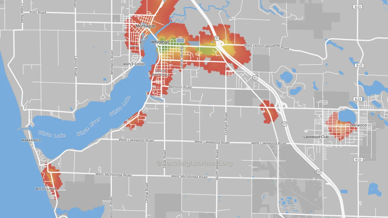 Walk Grade map of 49461, MI, walkable areas in green and car-dependent areas in red