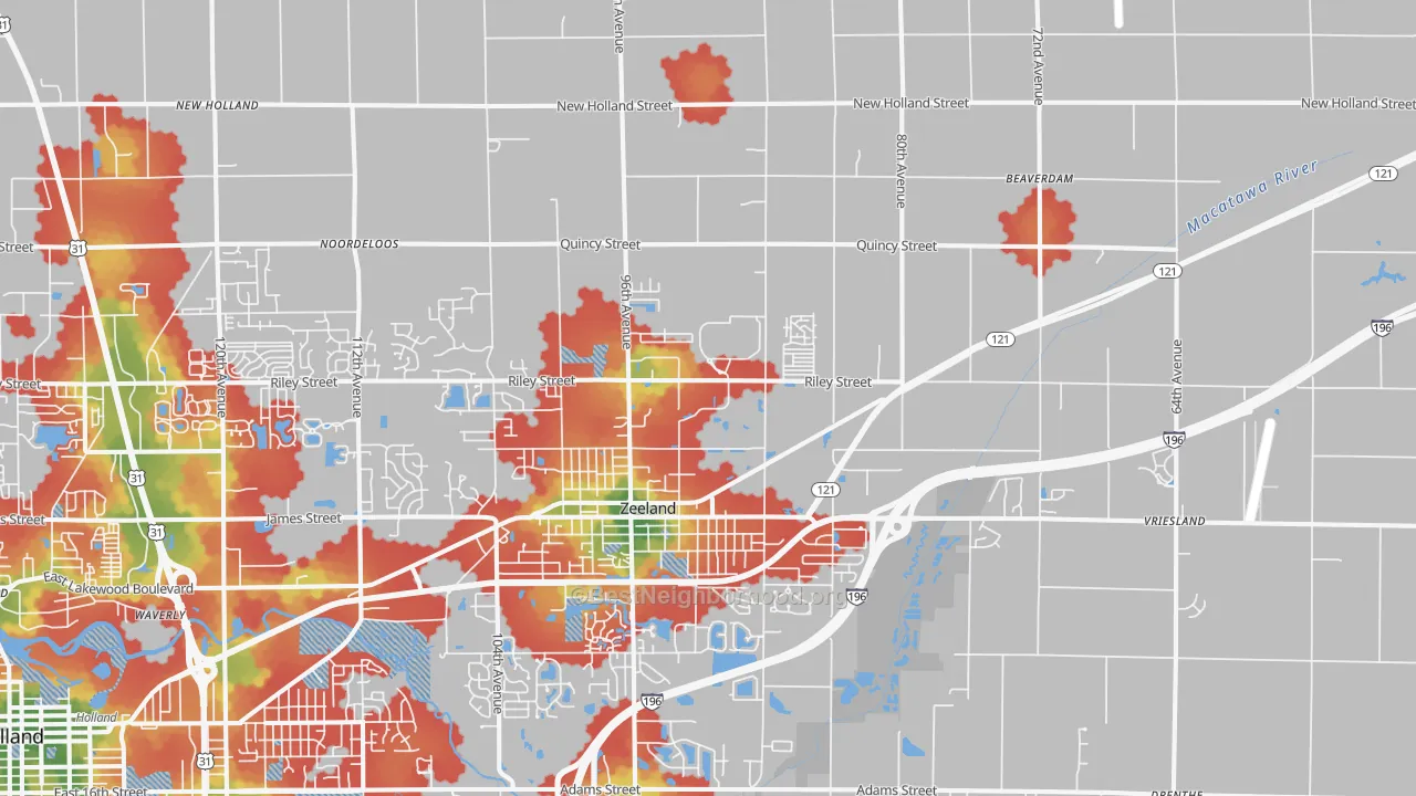 Walk Grade map of 49464, MI, walkable areas in green and car-dependent areas in red