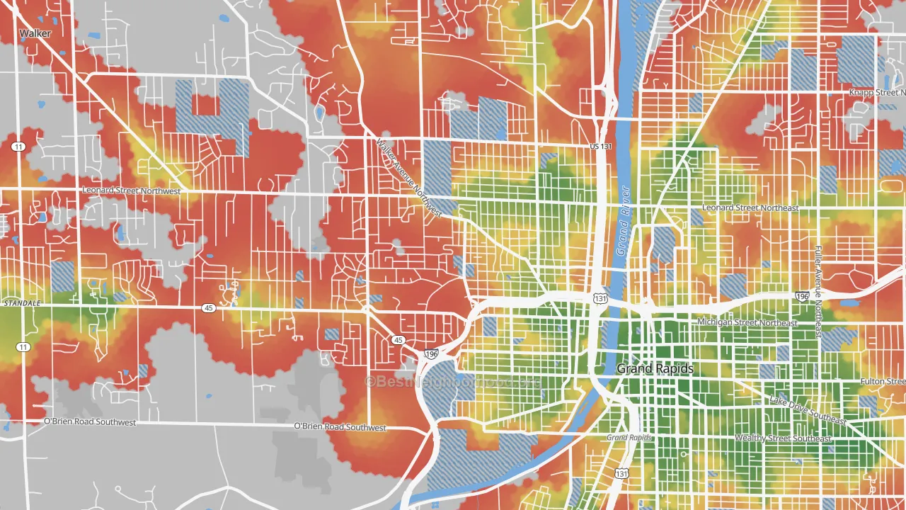 Walk Grade map of 49504, MI, walkable areas in green and car-dependent areas in red