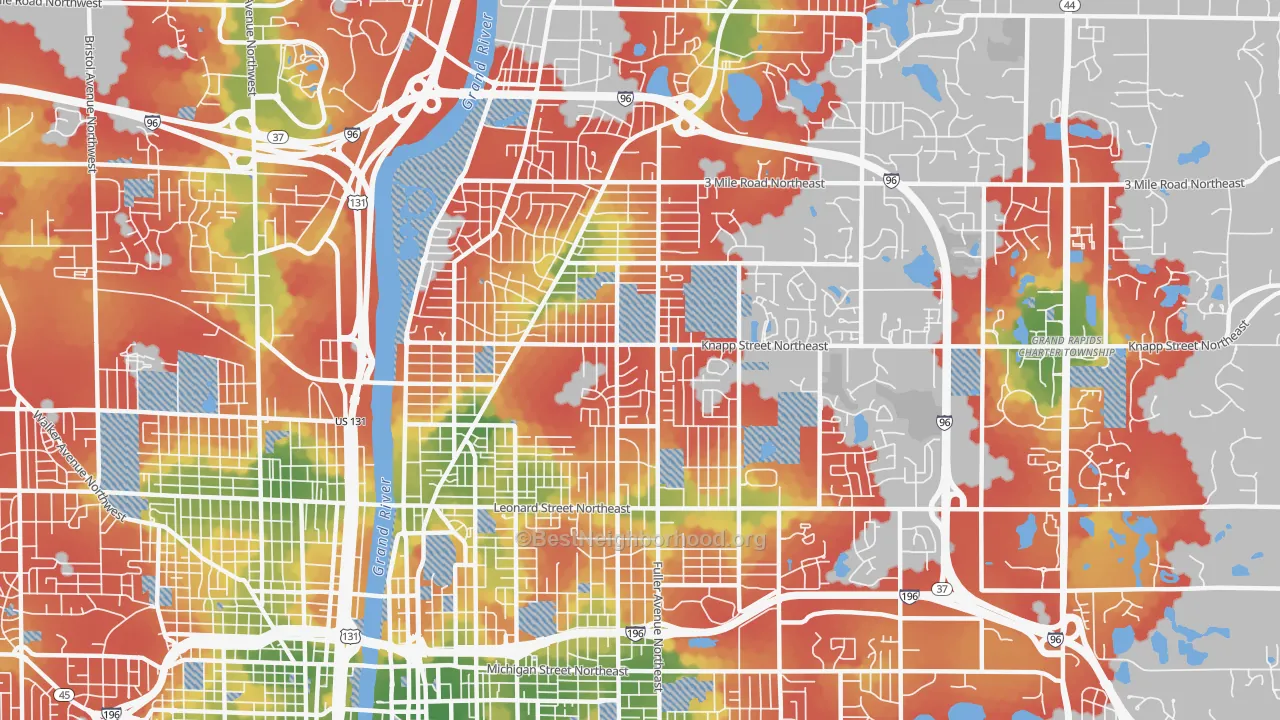 Walk Grade map of 49505, MI, walkable areas in green and car-dependent areas in red