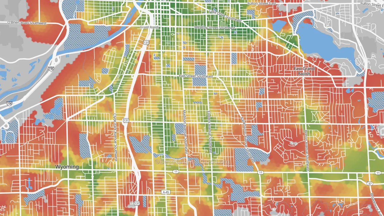 Walk Grade map of 49507, MI, walkable areas in green and car-dependent areas in red