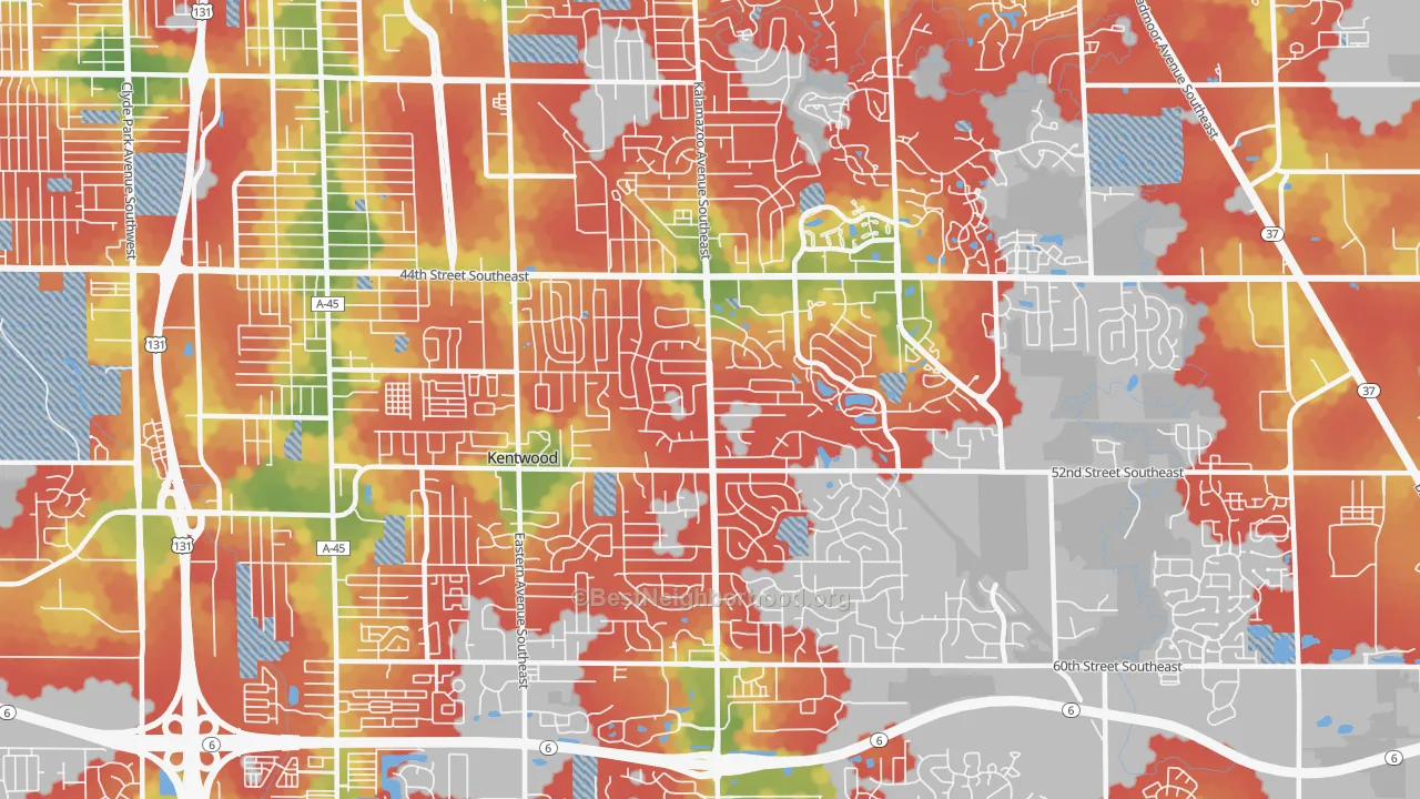 Walk Grade map of 49508, MI, walkable areas in green and car-dependent areas in red