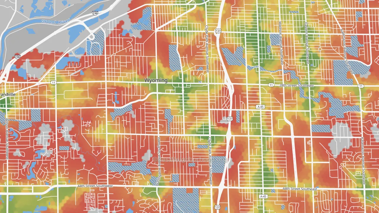 Walk Grade map of 49509, MI, walkable areas in green and car-dependent areas in red