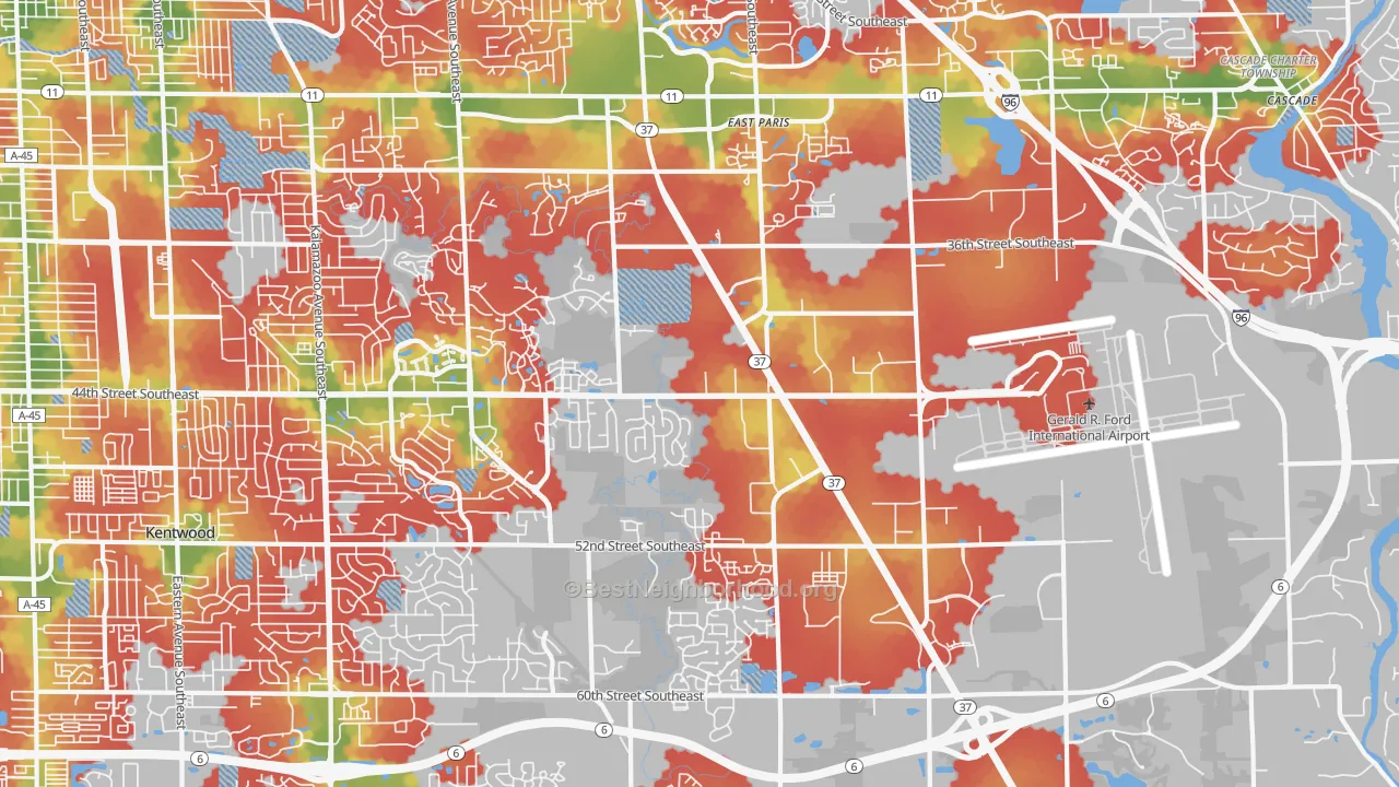 Walk Grade map of 49512, MI, walkable areas in green and car-dependent areas in red