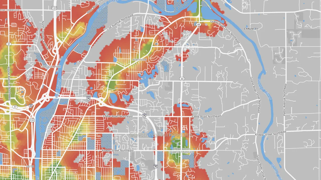 Walk Grade map of 49525, MI, walkable areas in green and car-dependent areas in red