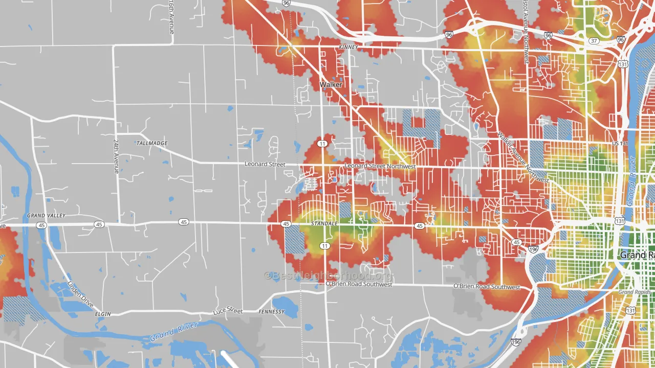 Walk Grade map of 49534, MI, walkable areas in green and car-dependent areas in red