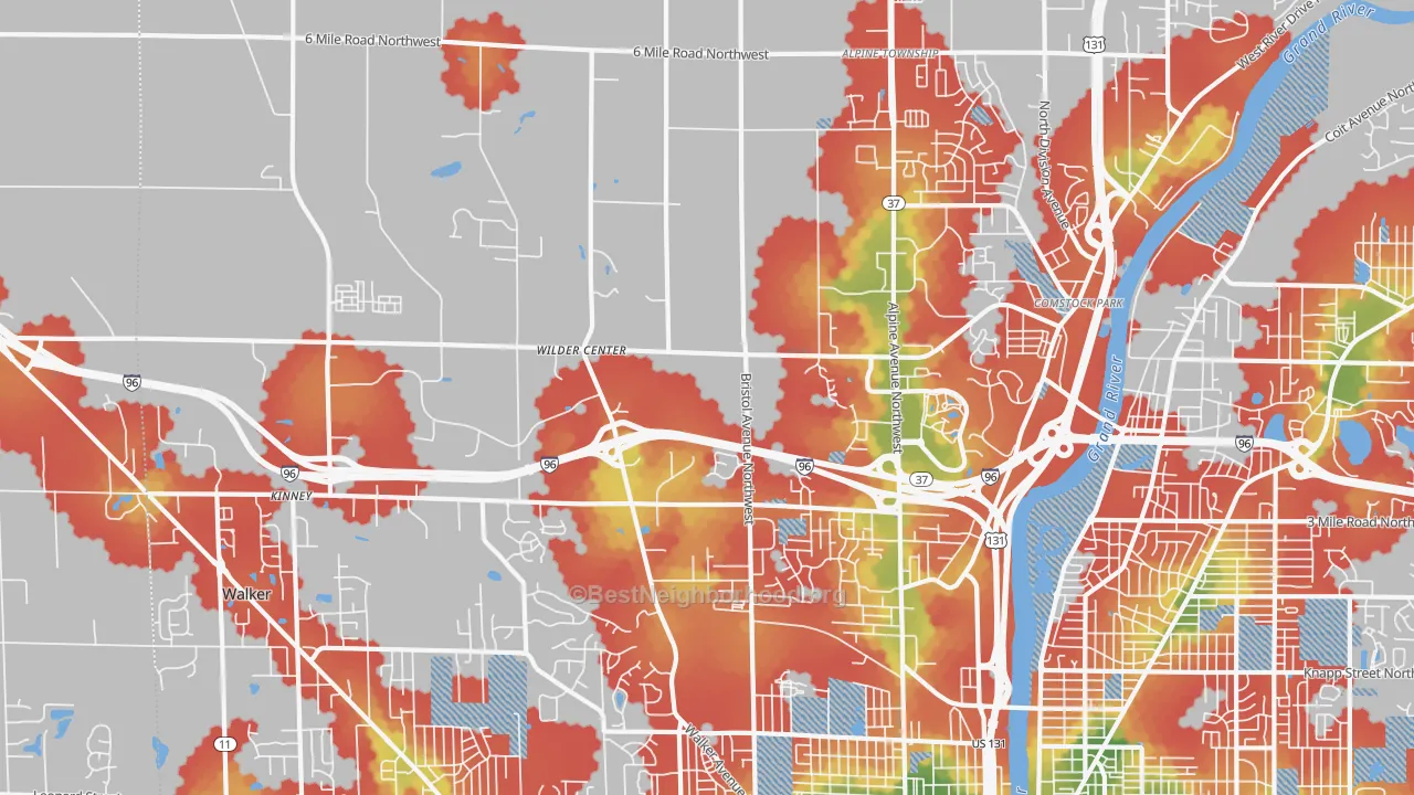 Walk Grade map of 49544, MI, walkable areas in green and car-dependent areas in red