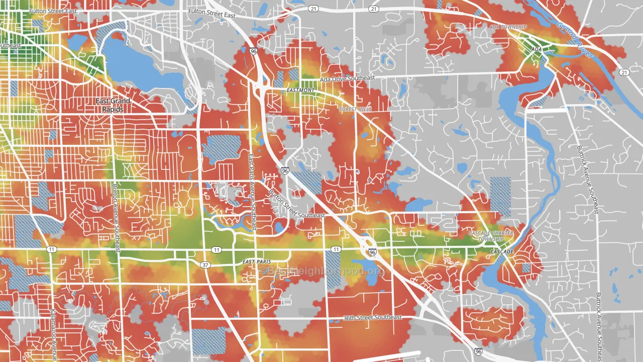 Walk Grade map of 49546, MI, walkable areas in green and car-dependent areas in red