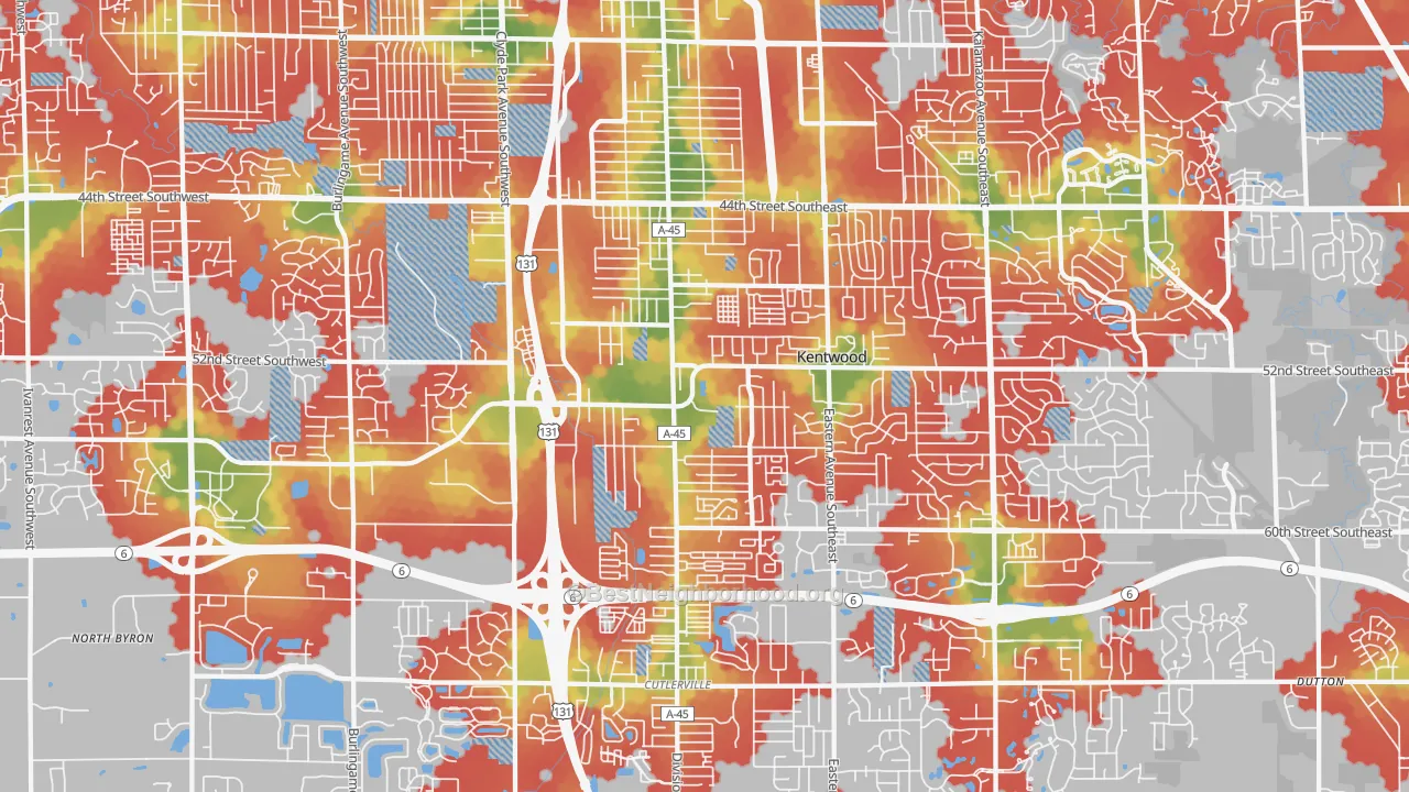 Walk Grade map of 49548, MI, walkable areas in green and car-dependent areas in red