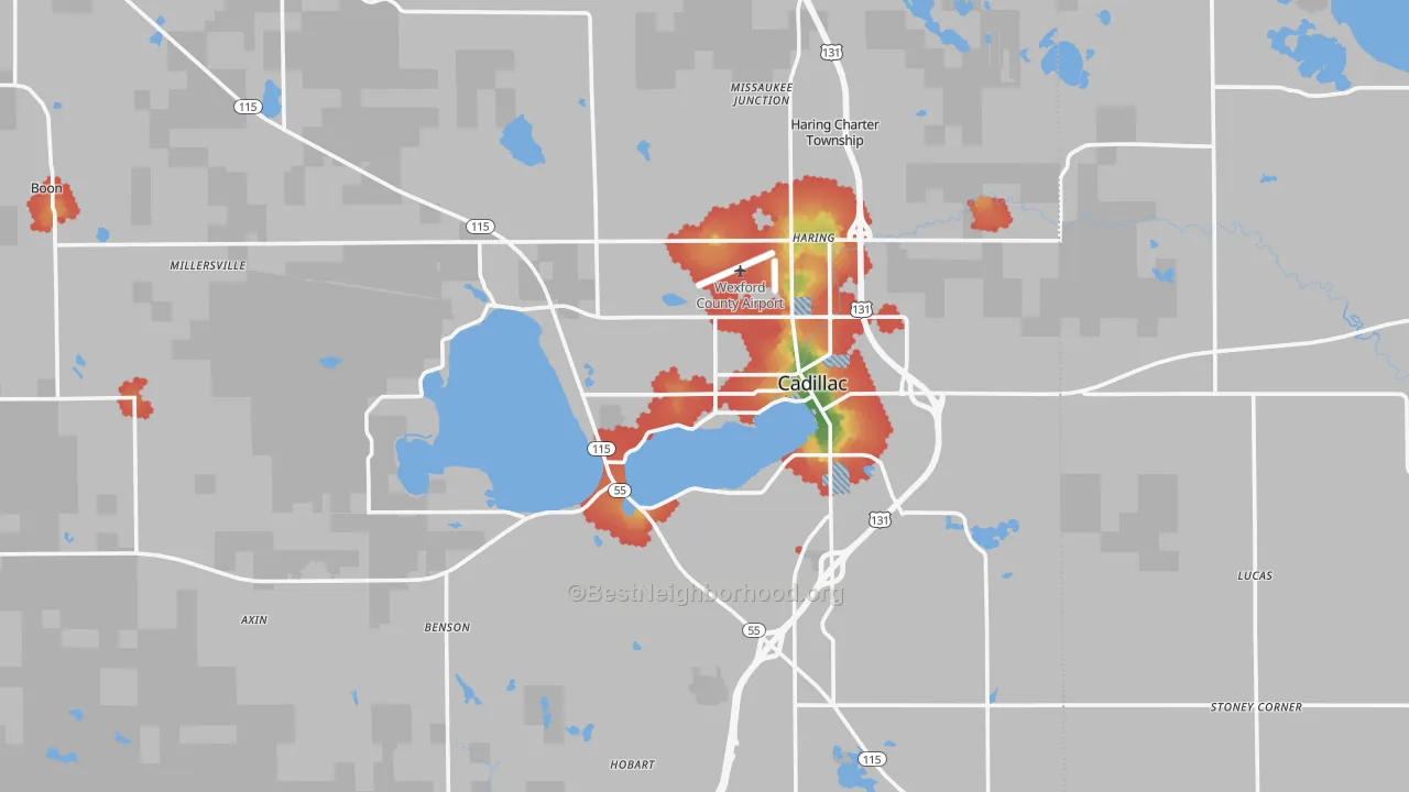Walk Grade map of 49601, MI, walkable areas in green and car-dependent areas in red