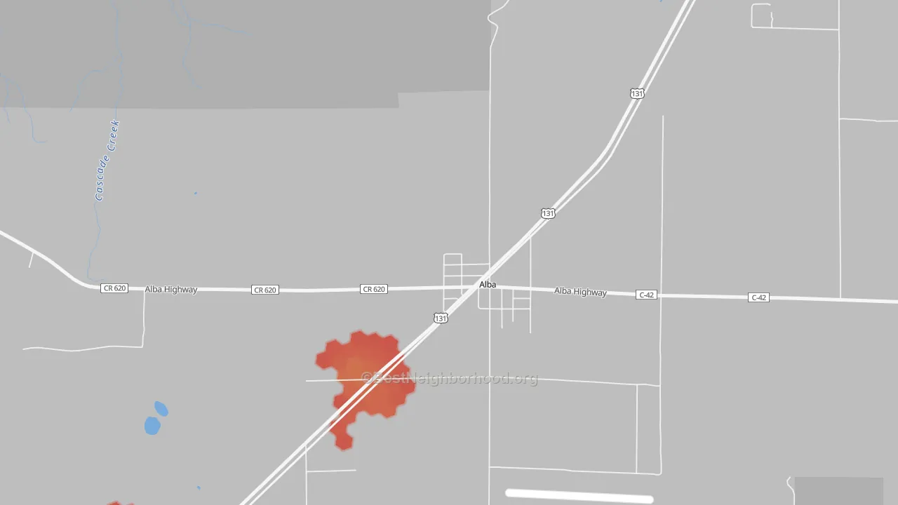 Walk Grade map of 49611, MI, walkable areas in green and car-dependent areas in red