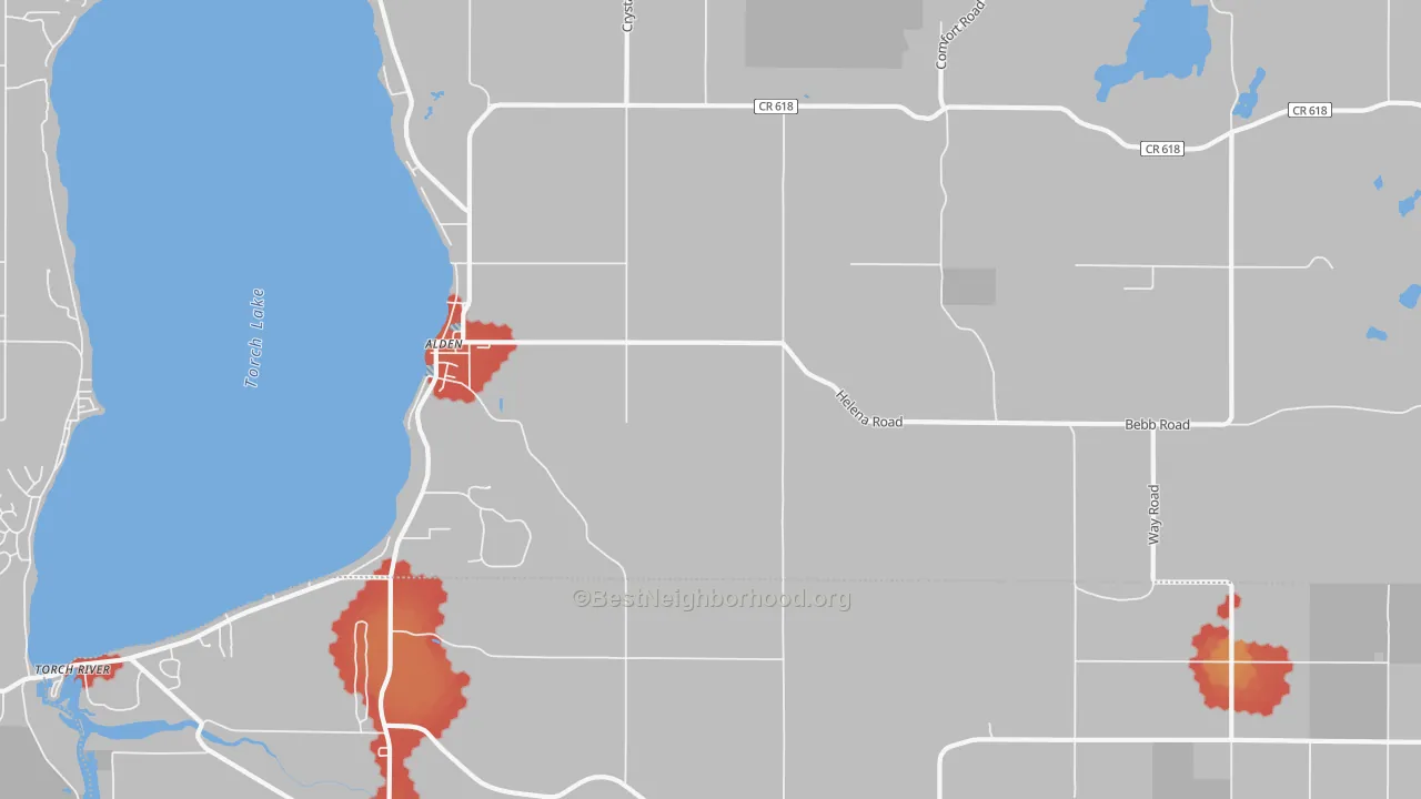 Walk Grade map of 49612, MI, walkable areas in green and car-dependent areas in red