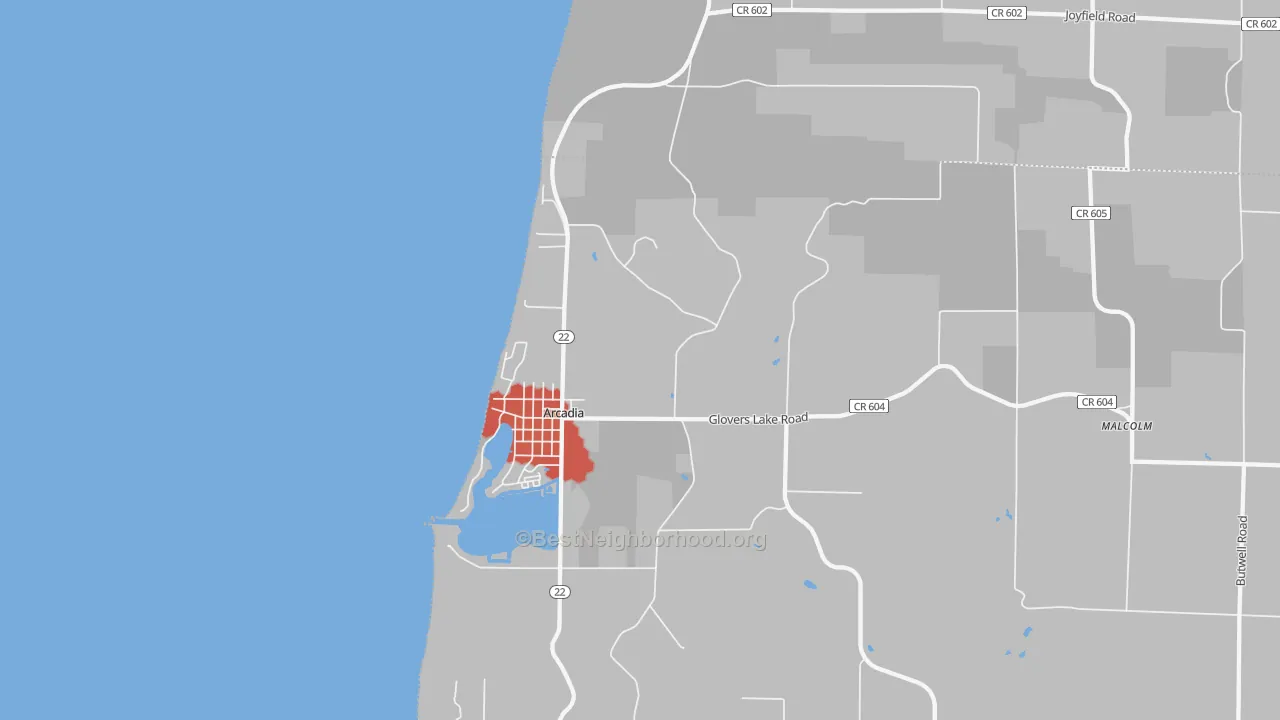 Walk Grade map of 49613, MI, walkable areas in green and car-dependent areas in red