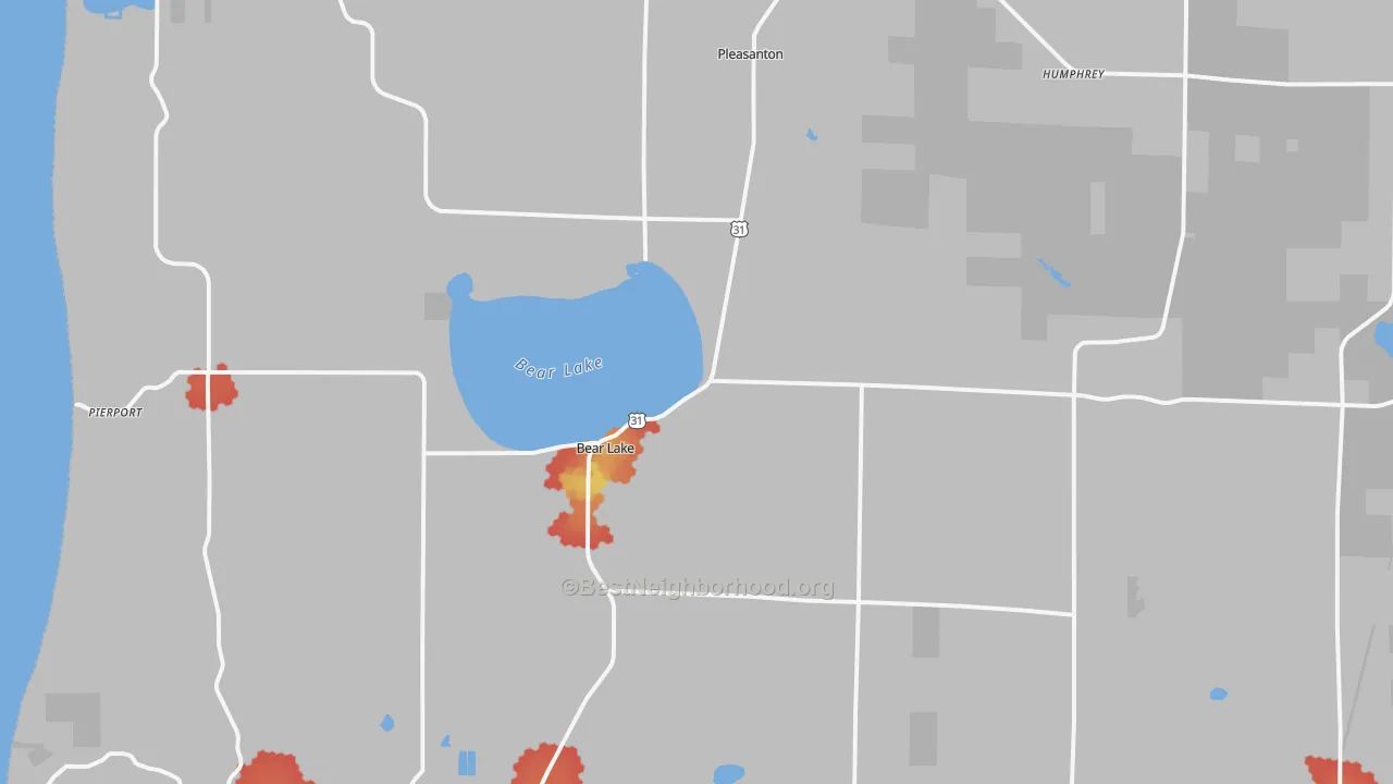 Walk Grade map of 49614, MI, walkable areas in green and car-dependent areas in red