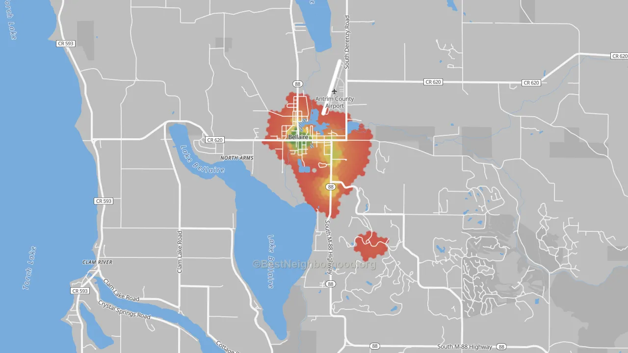 Walk Grade map of 49615, MI, walkable areas in green and car-dependent areas in red