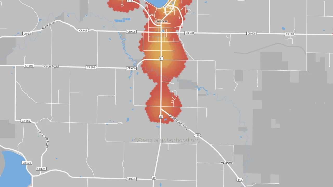Walk Grade map of 49616, MI, walkable areas in green and car-dependent areas in red