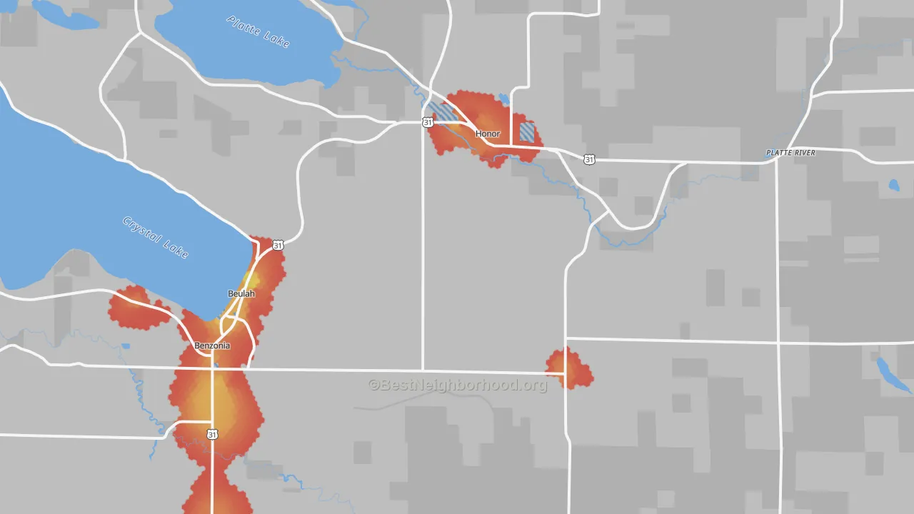 Walk Grade map of 49617, MI, walkable areas in green and car-dependent areas in red