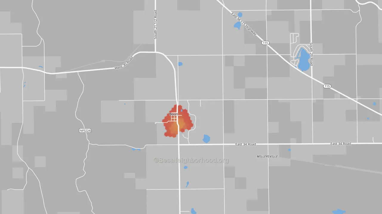 Walk Grade map of 49618, MI, walkable areas in green and car-dependent areas in red