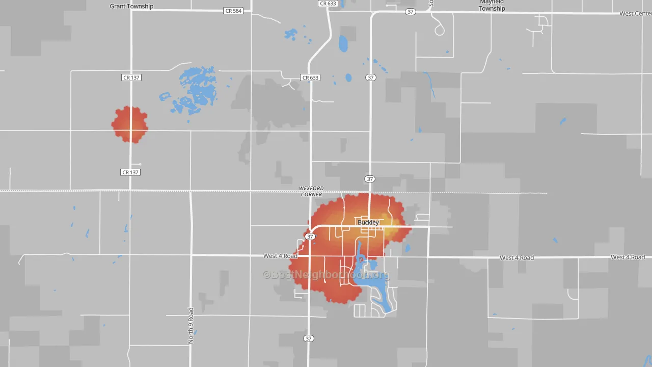 Walk Grade map of 49620, MI, walkable areas in green and car-dependent areas in red