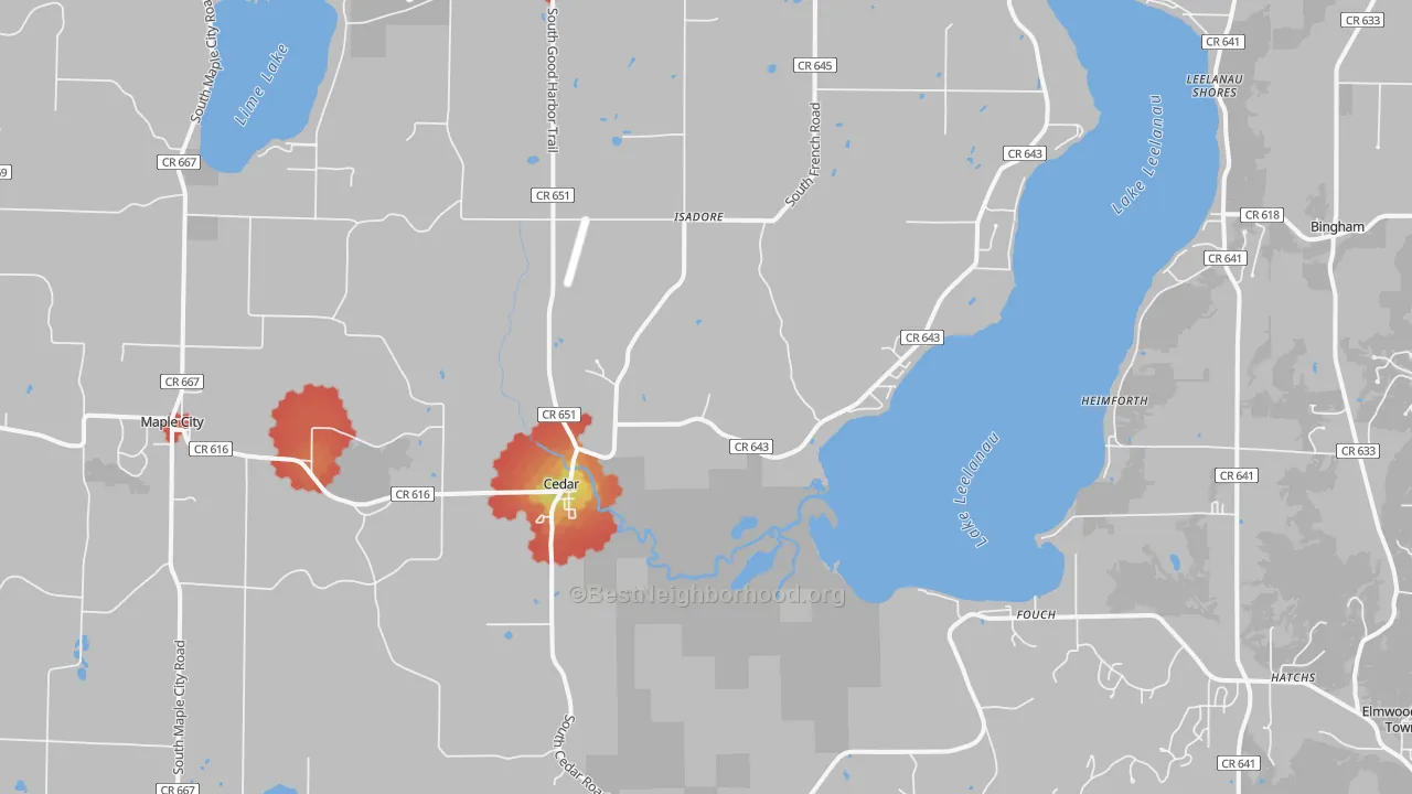 Walk Grade map of 49621, MI, walkable areas in green and car-dependent areas in red