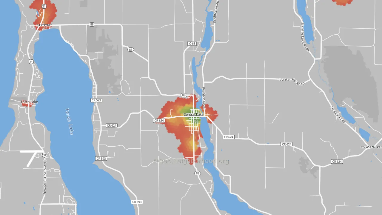 Walk Grade map of 49622, MI, walkable areas in green and car-dependent areas in red