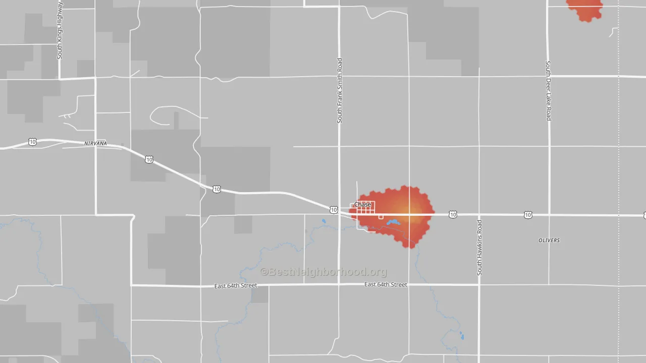 Walk Grade map of 49623, MI, walkable areas in green and car-dependent areas in red