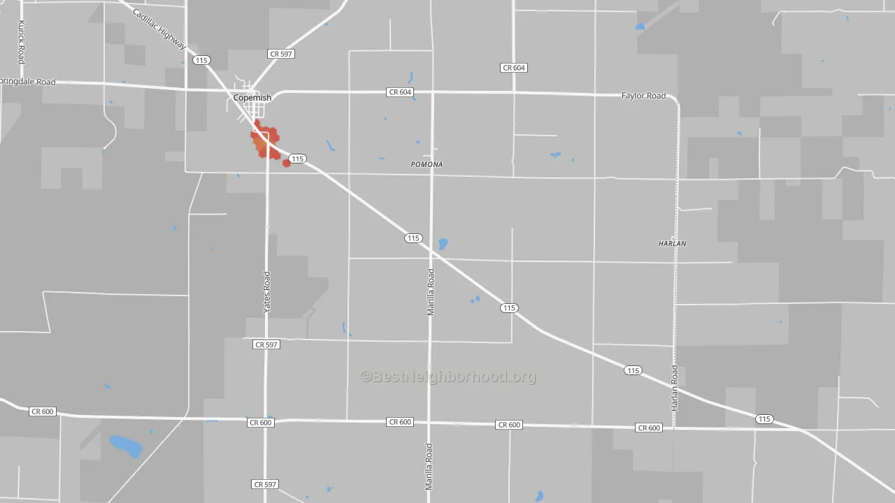 Walk Grade map of 49625, MI, walkable areas in green and car-dependent areas in red