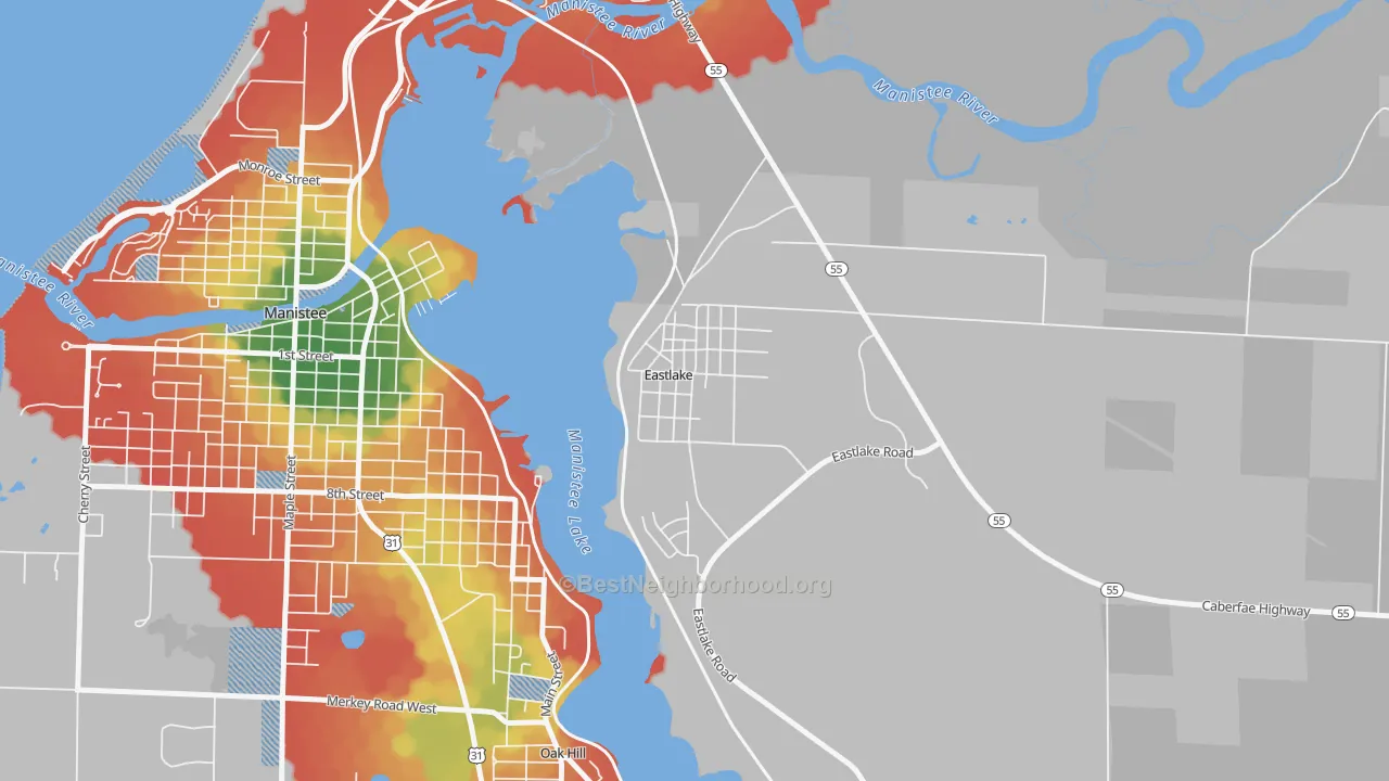 Walk Grade map of 49626, MI, walkable areas in green and car-dependent areas in red