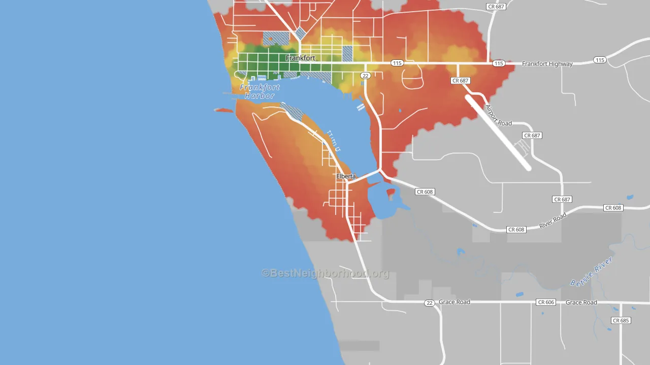 Walk Grade map of 49628, MI, walkable areas in green and car-dependent areas in red