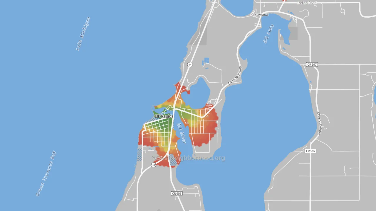 Walk Grade map of 49629, MI, walkable areas in green and car-dependent areas in red