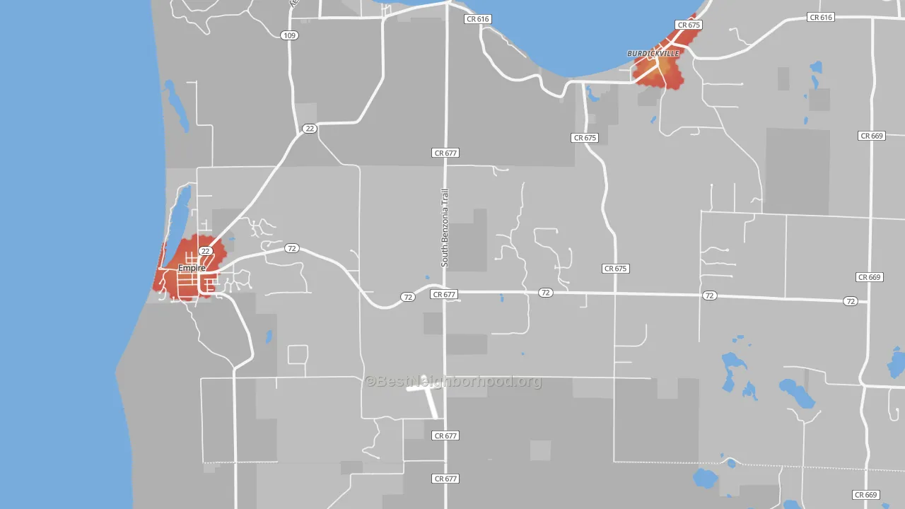 Walk Grade map of 49630, MI, walkable areas in green and car-dependent areas in red