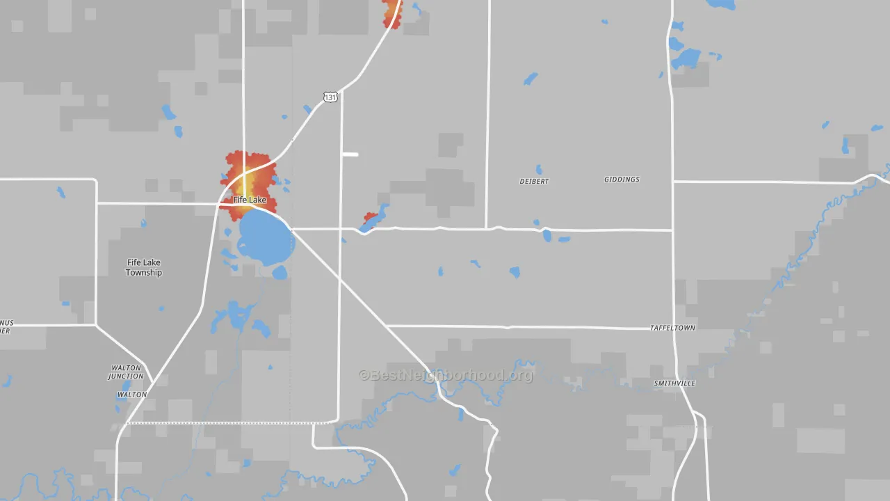 Walk Grade map of 49633, MI, walkable areas in green and car-dependent areas in red