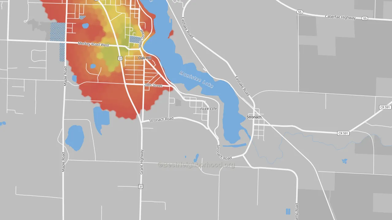 Walk Grade map of 49634, MI, walkable areas in green and car-dependent areas in red