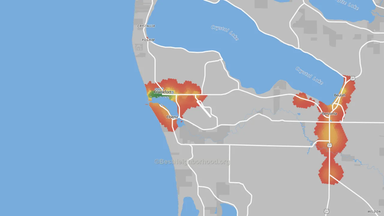 Walk Grade map of 49635, MI, walkable areas in green and car-dependent areas in red