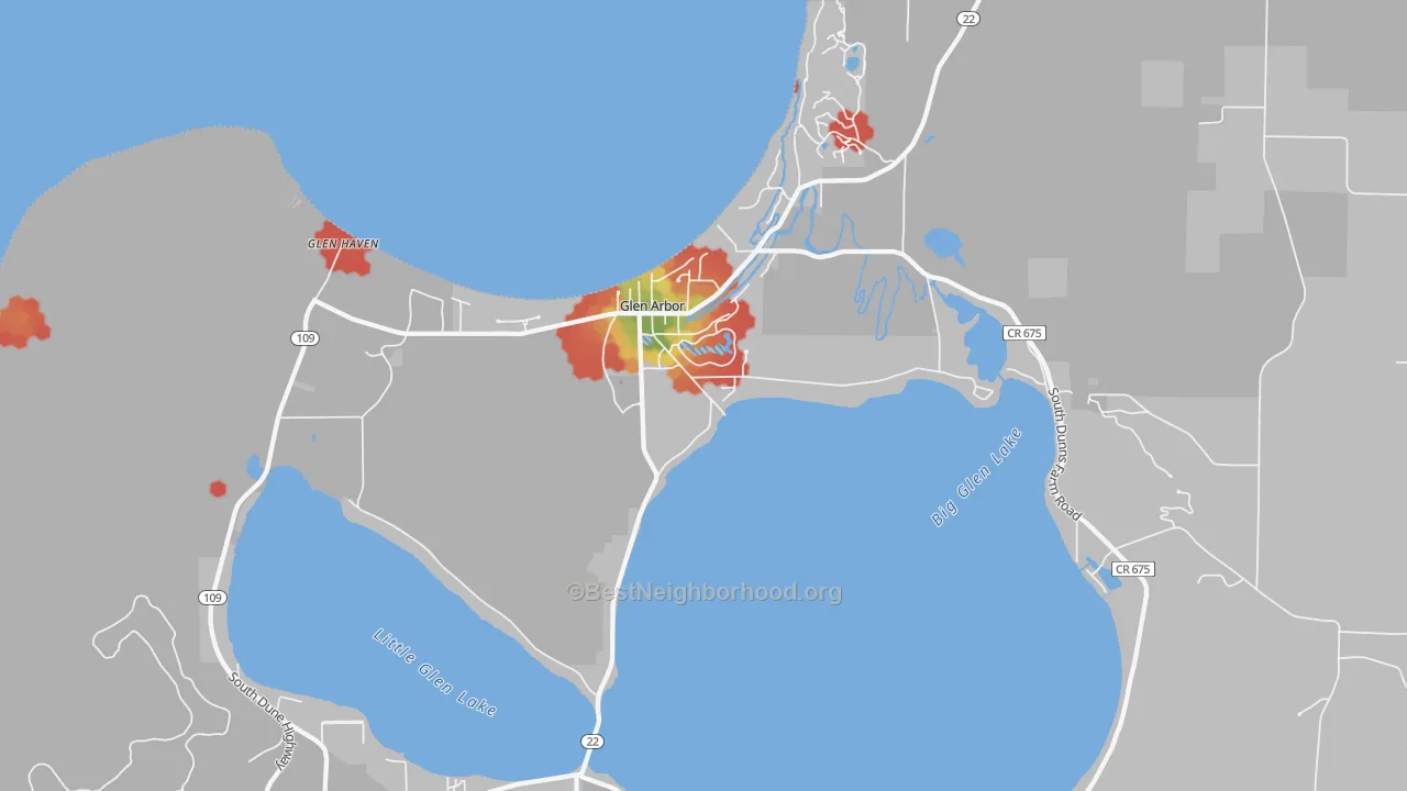 Walk Grade map of 49636, MI, walkable areas in green and car-dependent areas in red