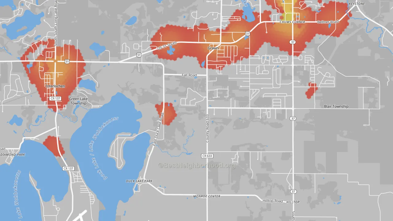 Walk Grade map of 49637, MI, walkable areas in green and car-dependent areas in red