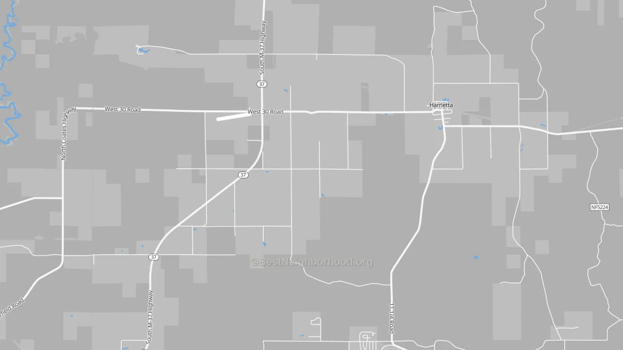Walk Grade map of 49638, MI, walkable areas in green and car-dependent areas in red