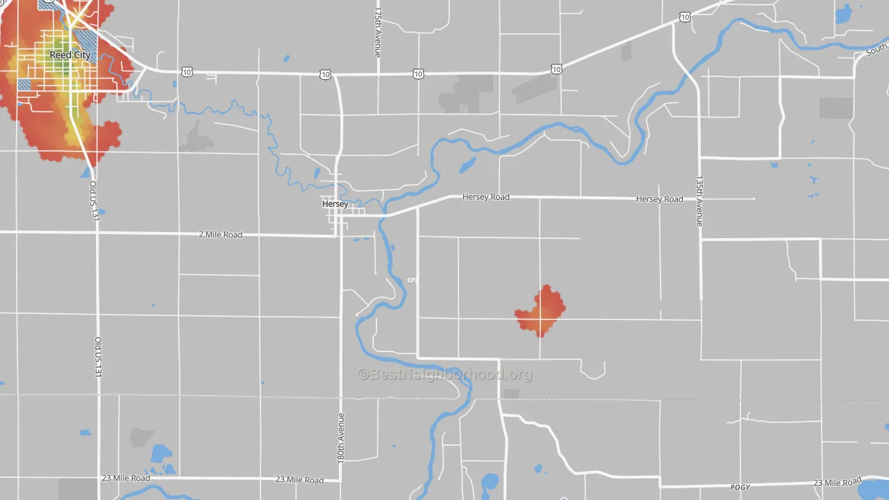 Walk Grade map of 49639, MI, walkable areas in green and car-dependent areas in red