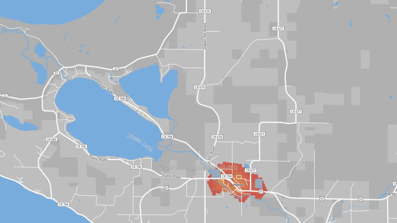 Walk Grade map of 49640, MI, walkable areas in green and car-dependent areas in red