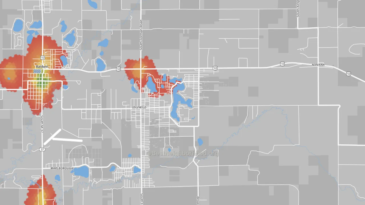 Walk Grade map of 49642, MI, walkable areas in green and car-dependent areas in red