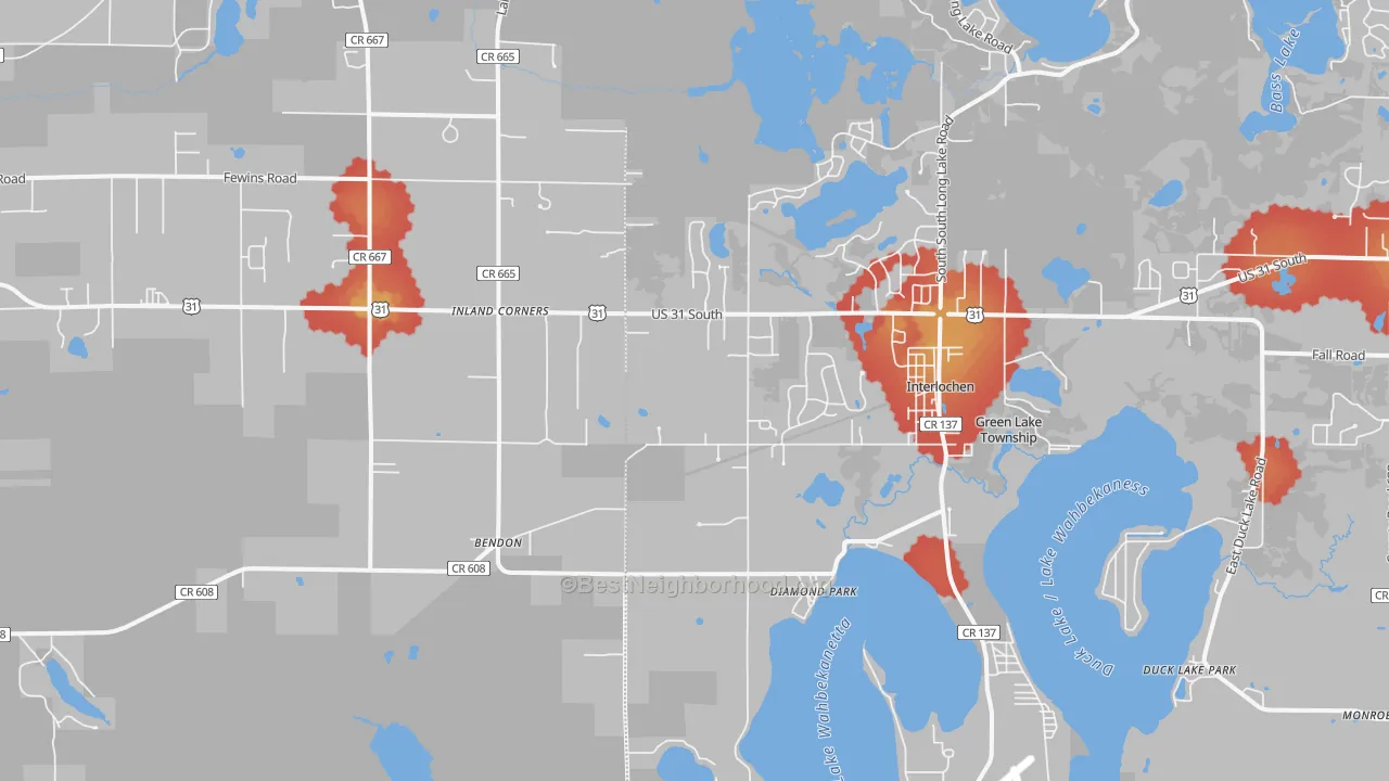 Walk Grade map of 49643, MI, walkable areas in green and car-dependent areas in red