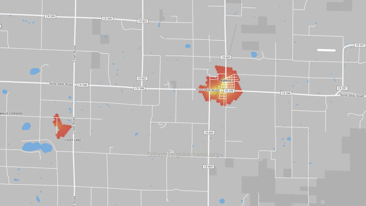 Walk Grade map of 49645, MI, walkable areas in green and car-dependent areas in red