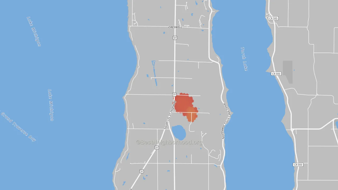 Walk Grade map of 49648, MI, walkable areas in green and car-dependent areas in red