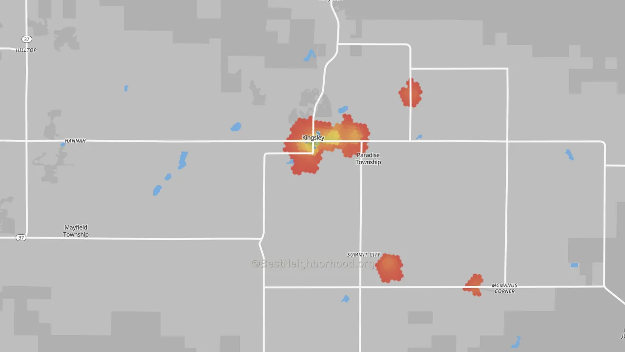 Walk Grade map of 49649, MI, walkable areas in green and car-dependent areas in red