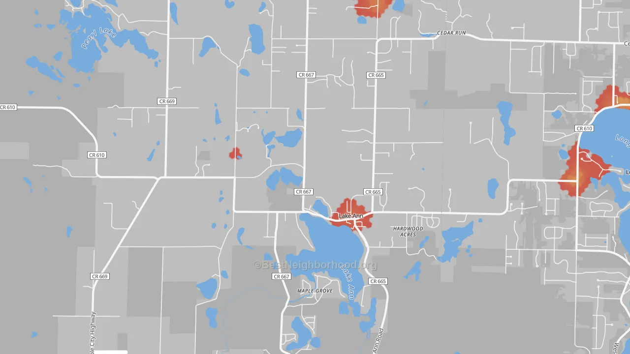 Walk Grade map of 49650, MI, walkable areas in green and car-dependent areas in red