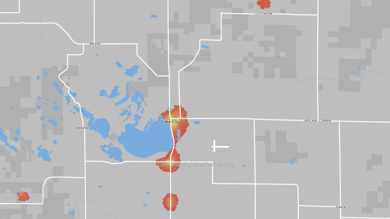 Walk Grade map of 49651, MI, walkable areas in green and car-dependent areas in red