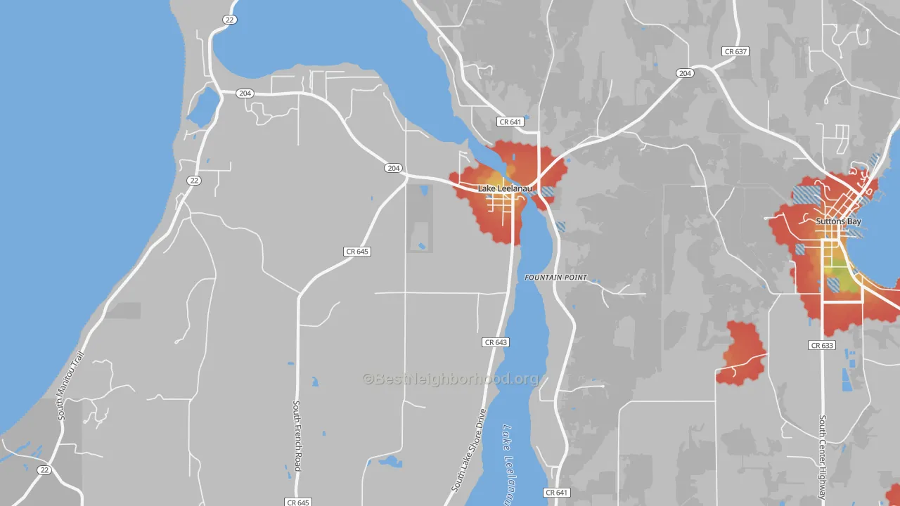 Walk Grade map of 49653, MI, walkable areas in green and car-dependent areas in red